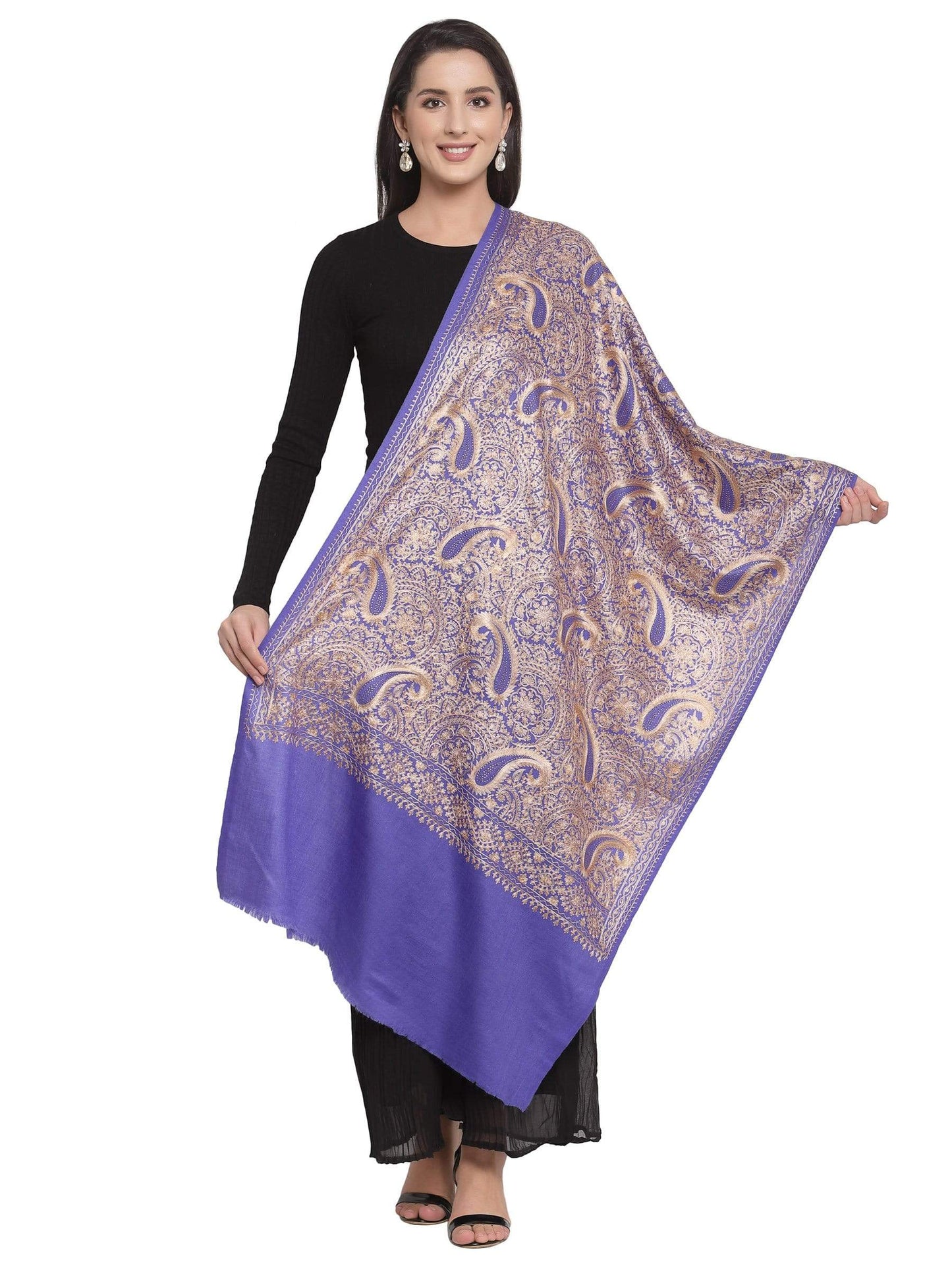 Pashtush India 70x200 Pashtush Tres Chic Regal Collection, Wool Embroidery Nalki Shawl Scarf, Deep Violet