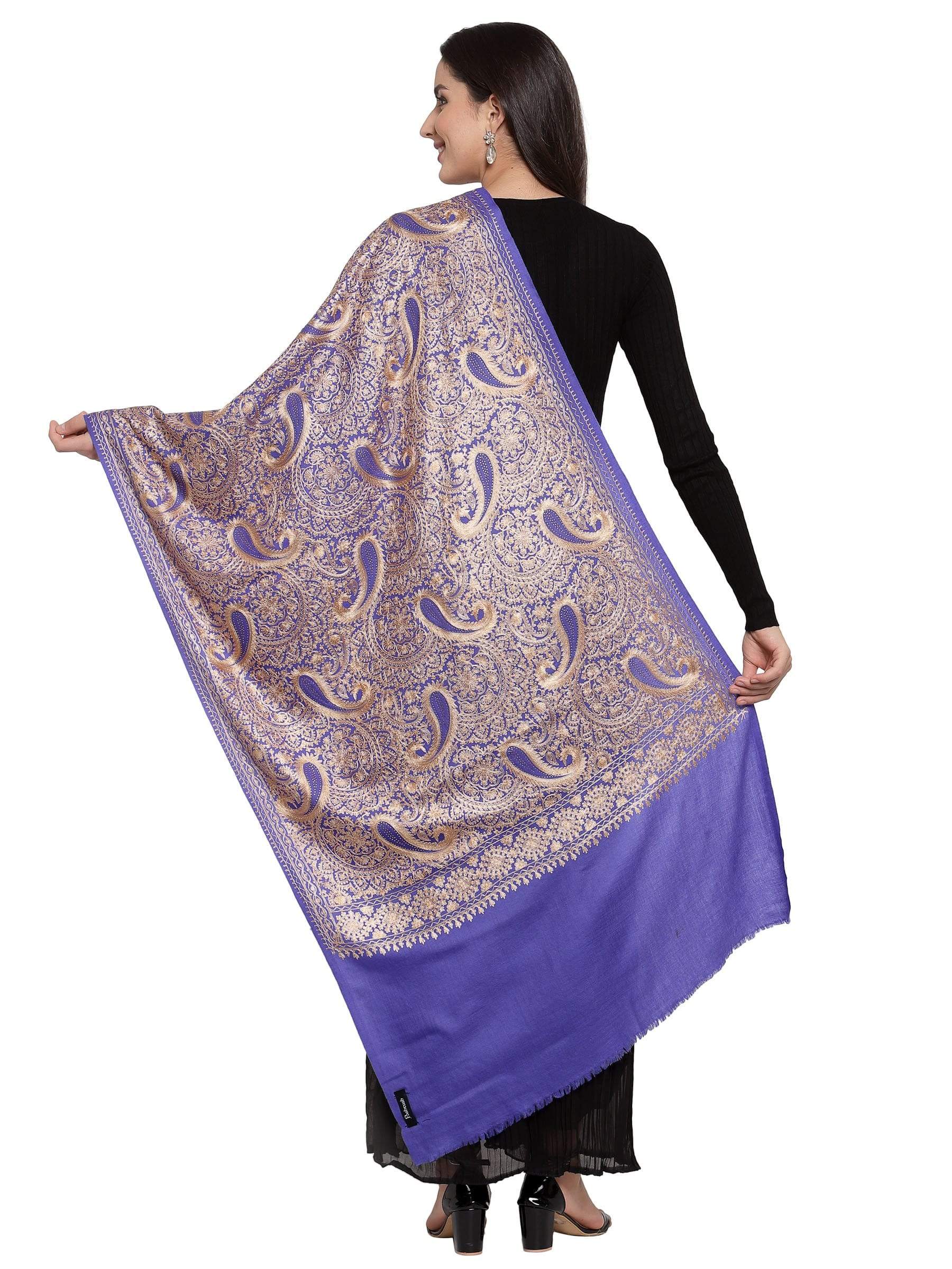 Pashtush India 70x200 Pashtush Tres Chic Regal Collection, Wool Embroidery Nalki Shawl Scarf, Deep Violet