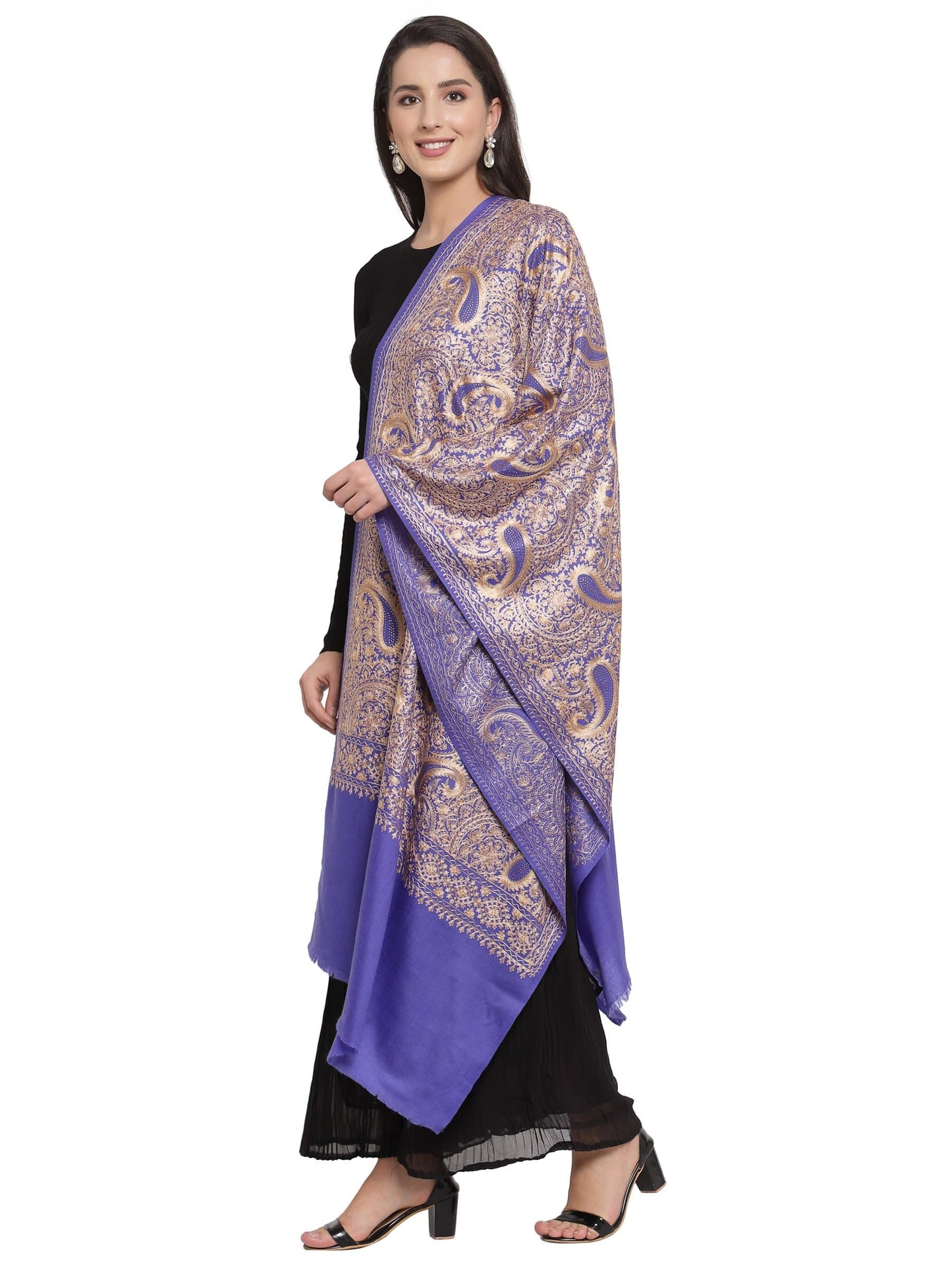 Pashtush India 70x200 Pashtush Tres Chic Regal Collection, Wool Embroidery Nalki Shawl Scarf, Deep Violet