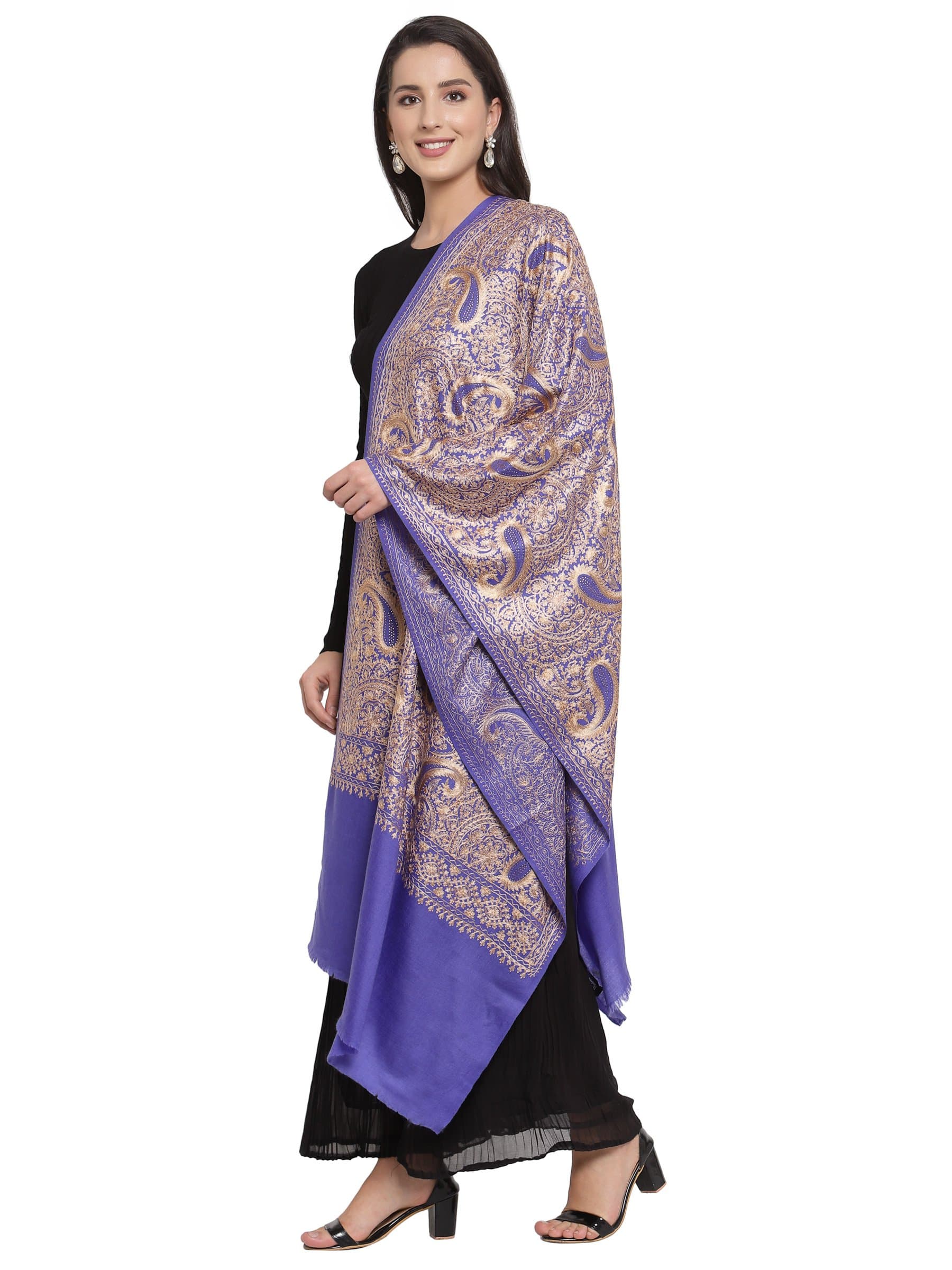 Pashtush India 70x200 Pashtush Tres Chic Regal Collection, Wool Embroidery Nalki Shawl Scarf, Deep Violet