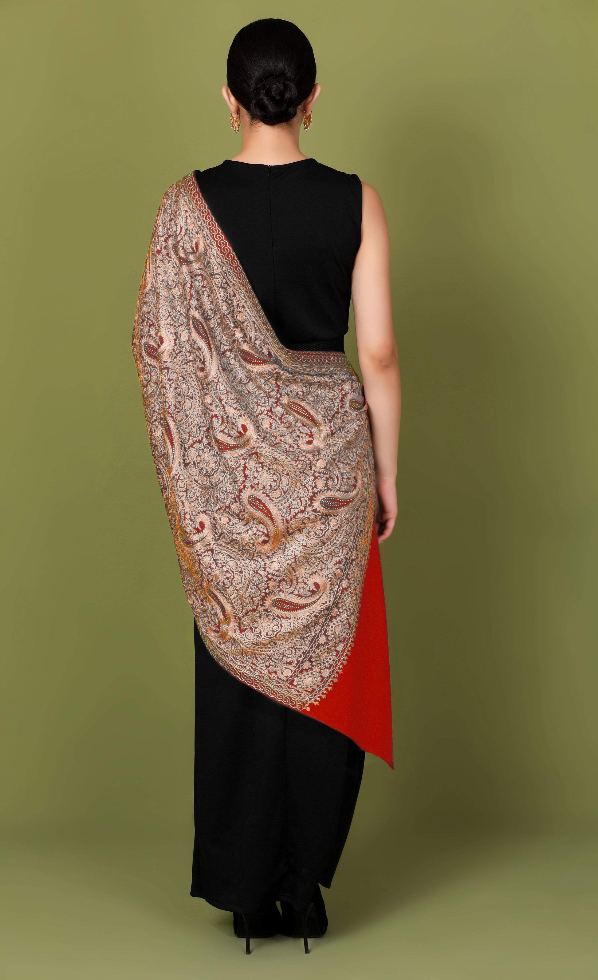 Pashtush Shawl Store Stole Pashtush Tres Chic Regal Collection, Wool Embroidery Nalki Shawl Scarf, Red