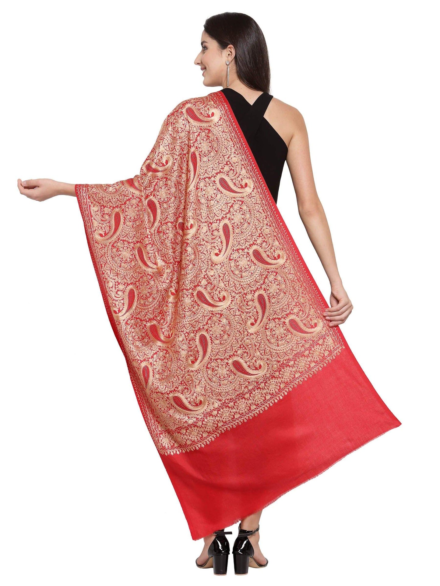 Pashtush India 70x200 Pashtush Tres Chic Regal Collection, Wool Embroidery Nalki Shawl Scarf, Red