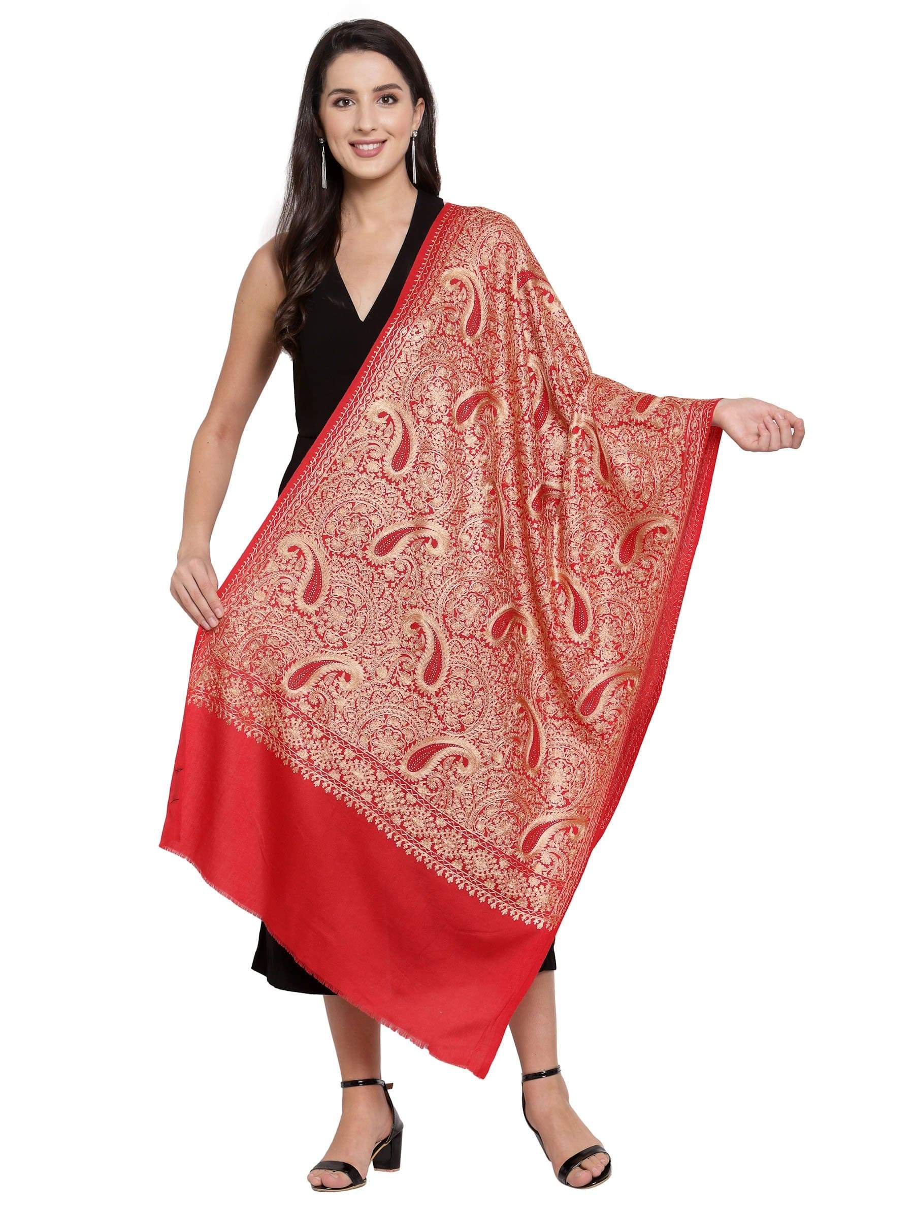 Pashtush India 70x200 Pashtush Tres Chic Regal Collection, Wool Embroidery Nalki Shawl Scarf, Red