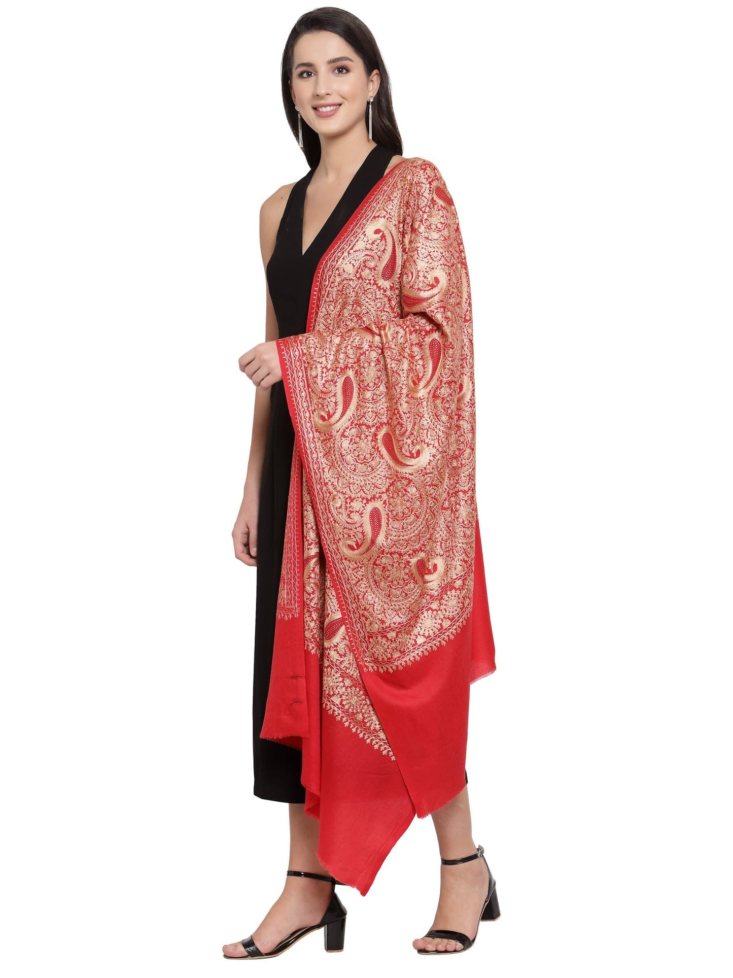 Pashtush India 70x200 Pashtush Tres Chic Regal Collection, Wool Embroidery Nalki Shawl Scarf, Red