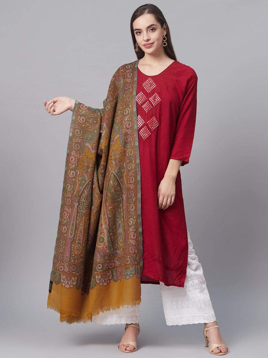 Pashtush India 100x200 Pashtush Women 100% Pure Wool, Woven Kalamkari Design Shawl, Kashmiri Mustard