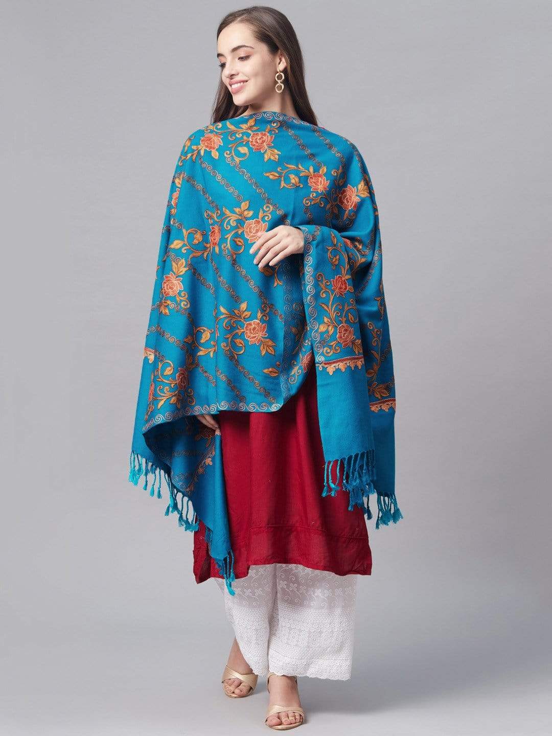 Pashtush India 70x200 Pashtush Women Blue  Coral Embroidered Designer Stole
