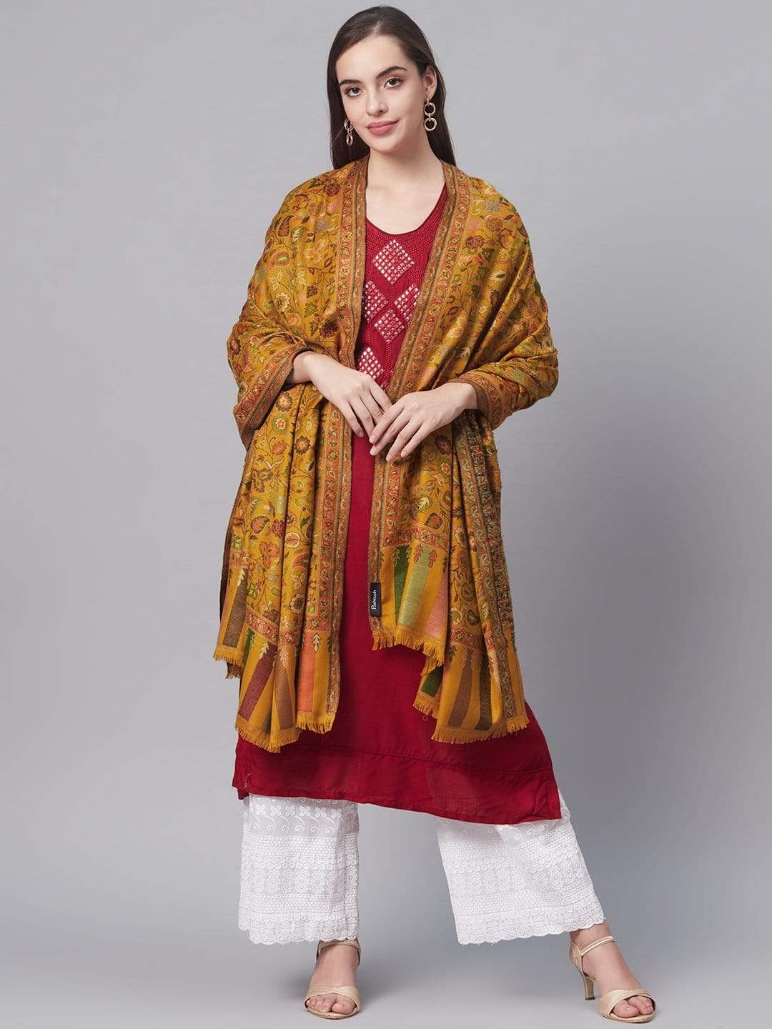 Pashtush India 100x200 Pashtush Women Faux Pashmina Kaani Weave Shawl, Kashmiri Mustard