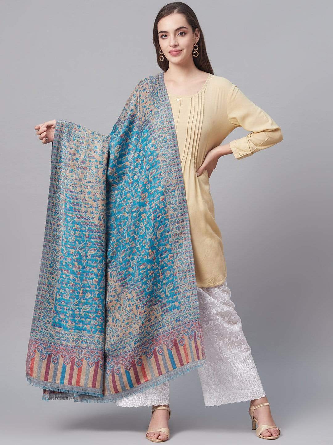 Pashtush India 100x200 Pashtush Women Faux Pashmina, Woven Design Jamawar Shawl, Blue Beige
