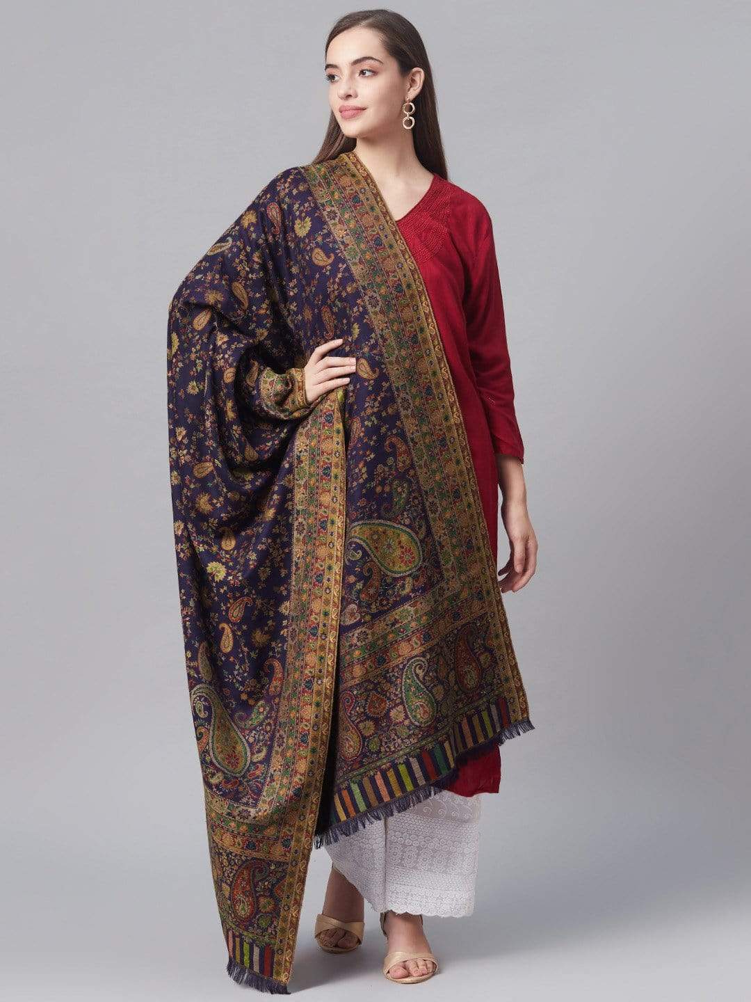Pashtush India 100x200 Pashtush Women Navy Blue Beige Woven Design Jamawar Shawl