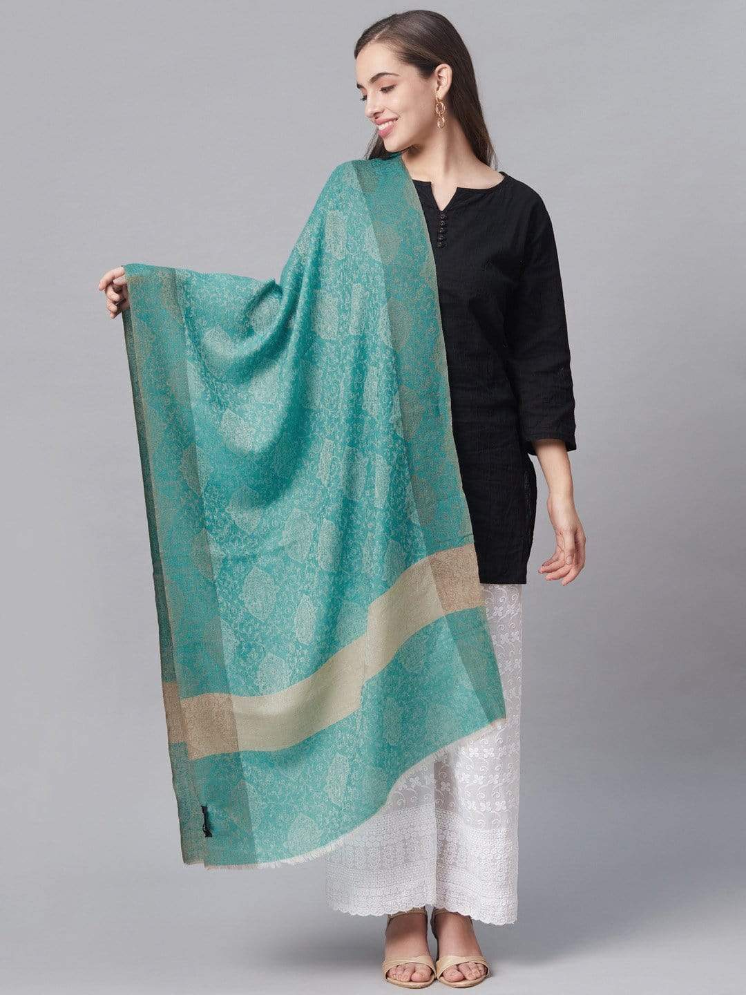 Pashtush India 70x200 Pashtush Women Green Grey Woven Design Designer Stole