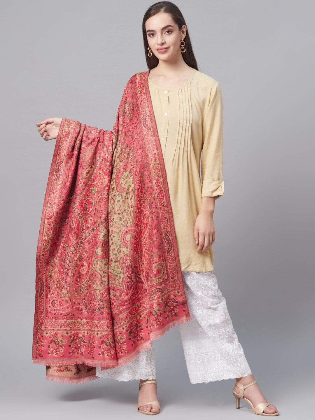 Pashtush India 100x200 Pashtush Women Kaani Weave Shawl, Rich Garden, Pink and Beige