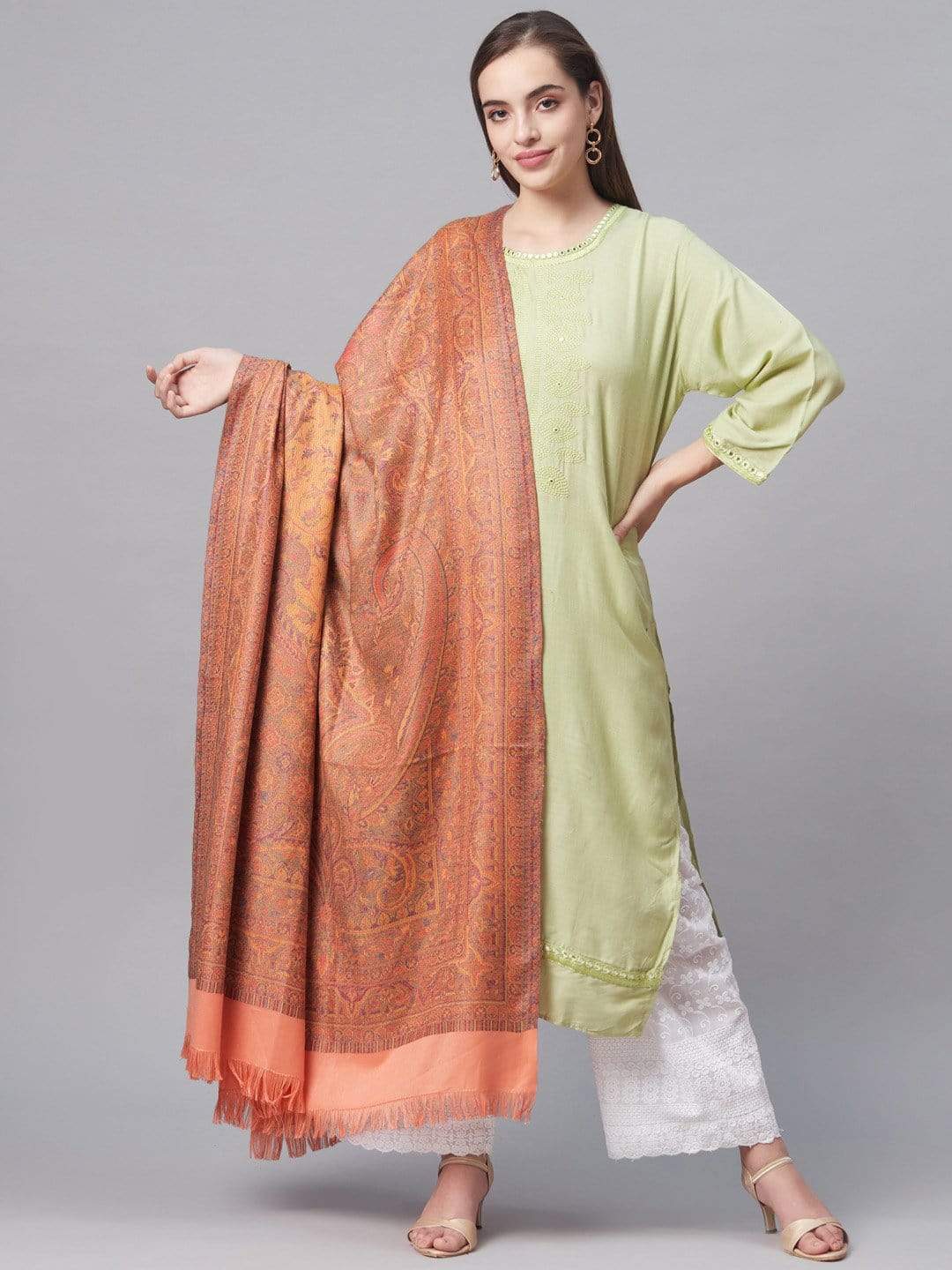 Pashtush India 100x200 Pashtush Women Kashmiri Peach-Coloured Ethnic Jamawar Shawl