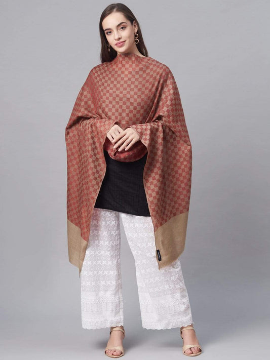 Pashtush India 70x200 Pashtush Women Maroon Beige Checked Woven Design Designer Stole