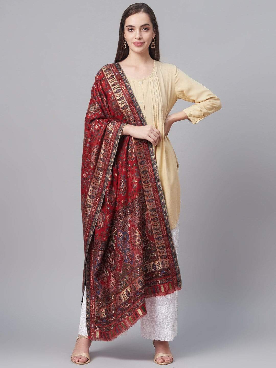 Pashtush India 70x200 Pashtush Women Maroon Golden Pure Wool Woven Design Kaani Shawl