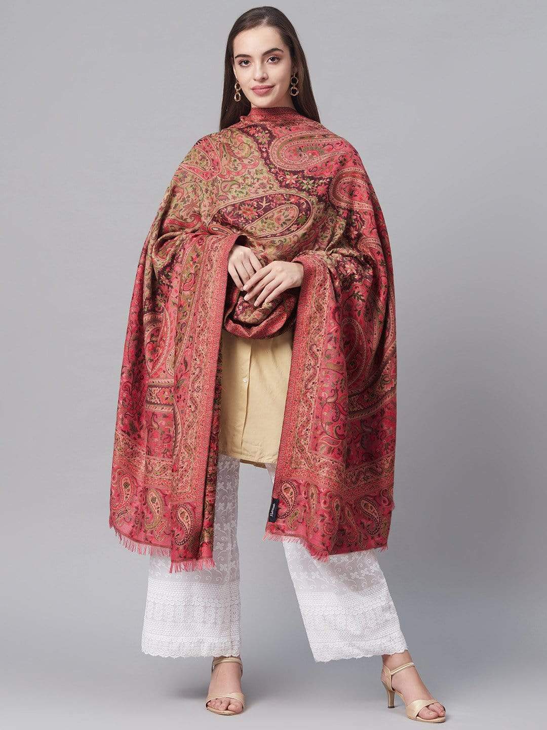 Pashtush India 100x200 Pashtush Women Pink  Beige Woven Design Jamawar Shawl