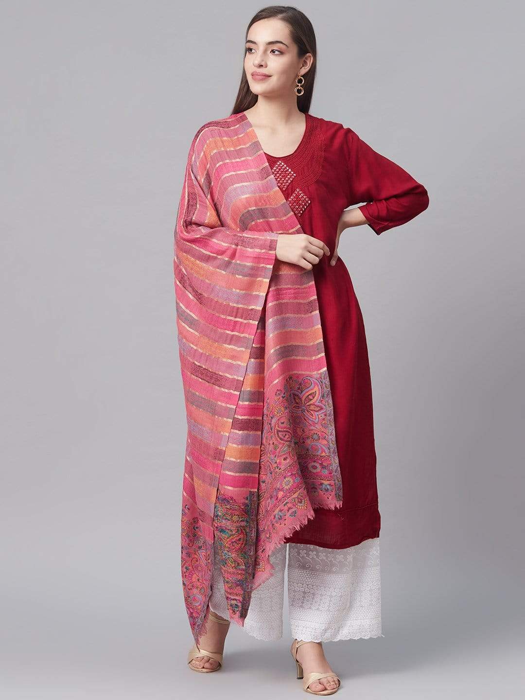 Pashtush India 70x200 Pashtush Women Pink  Grey Pure Wool Striped Kaani Stole