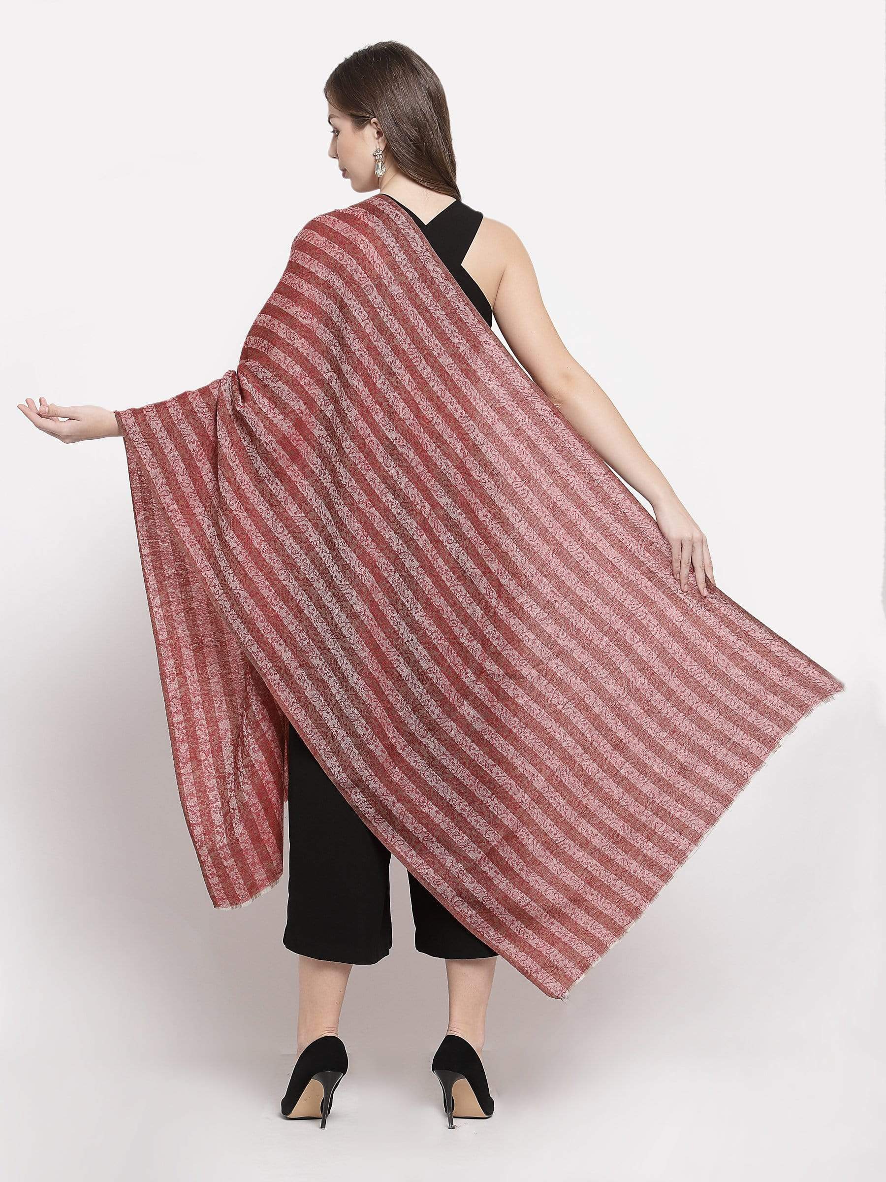 Pashtush India 70x200 Pashtush Women Red Beige Striped Stole, Soft Fine Wool