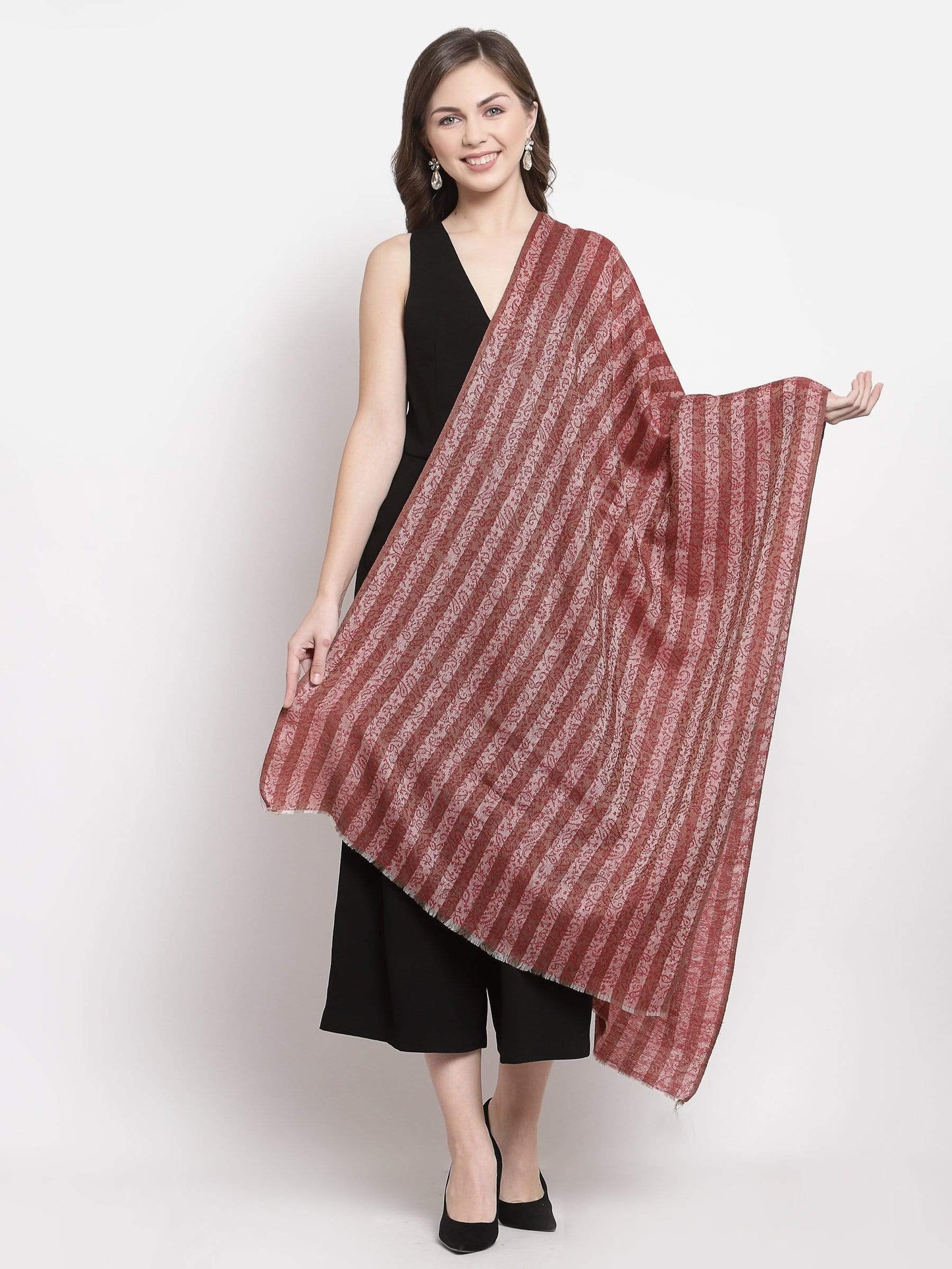 Pashtush India 70x200 Pashtush Women Red Beige Striped Stole, Soft Fine Wool
