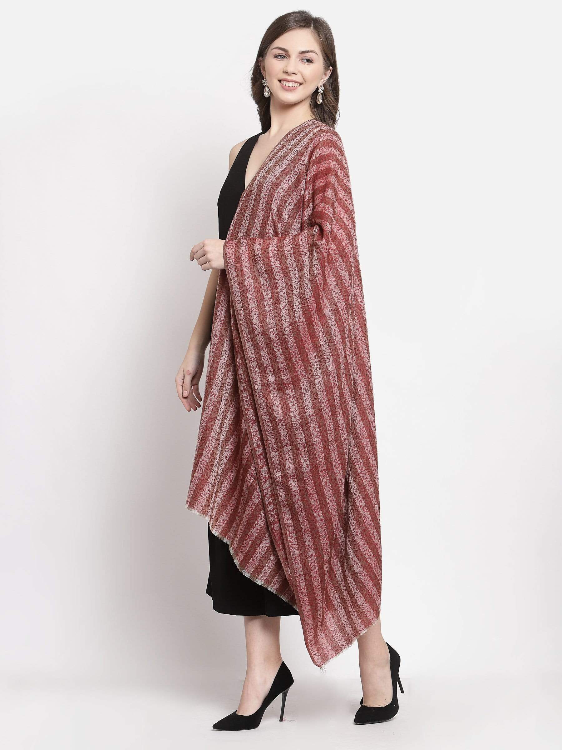 Pashtush India 70x200 Pashtush Women Red Beige Striped Stole, Soft Fine Wool
