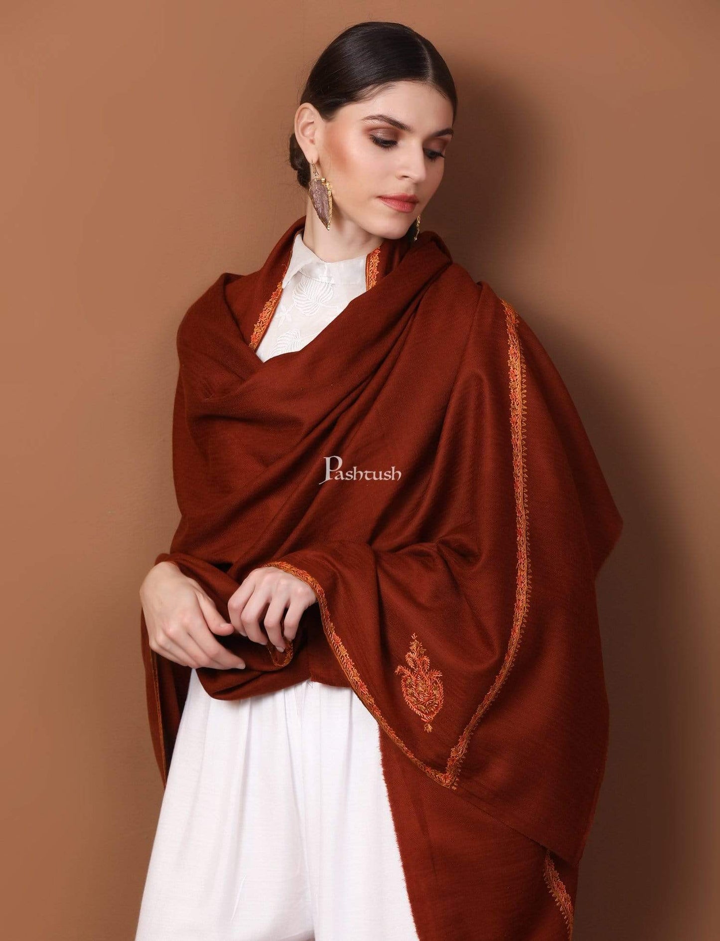 Pashtush India Shawl Pashtush Women's 100% Hand Embroidery Kashmiri Shawl, With Kingri Sozni Embroidery Borderwork - Ferozi