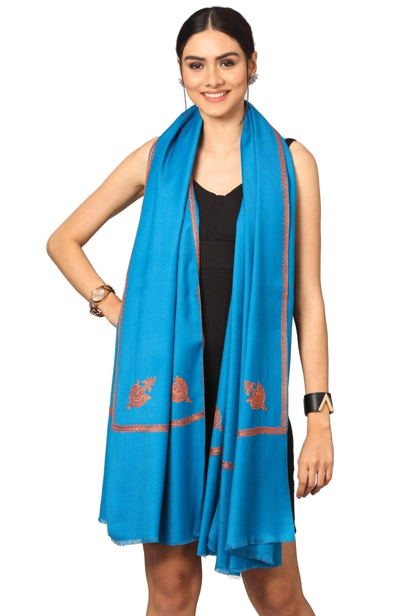 Pashtush India Shawl Pashtush Women's 100% Hand Embroidery Kashmiri Shawl, With Kingri Sozni Embroidery Borderwork - Ferozi