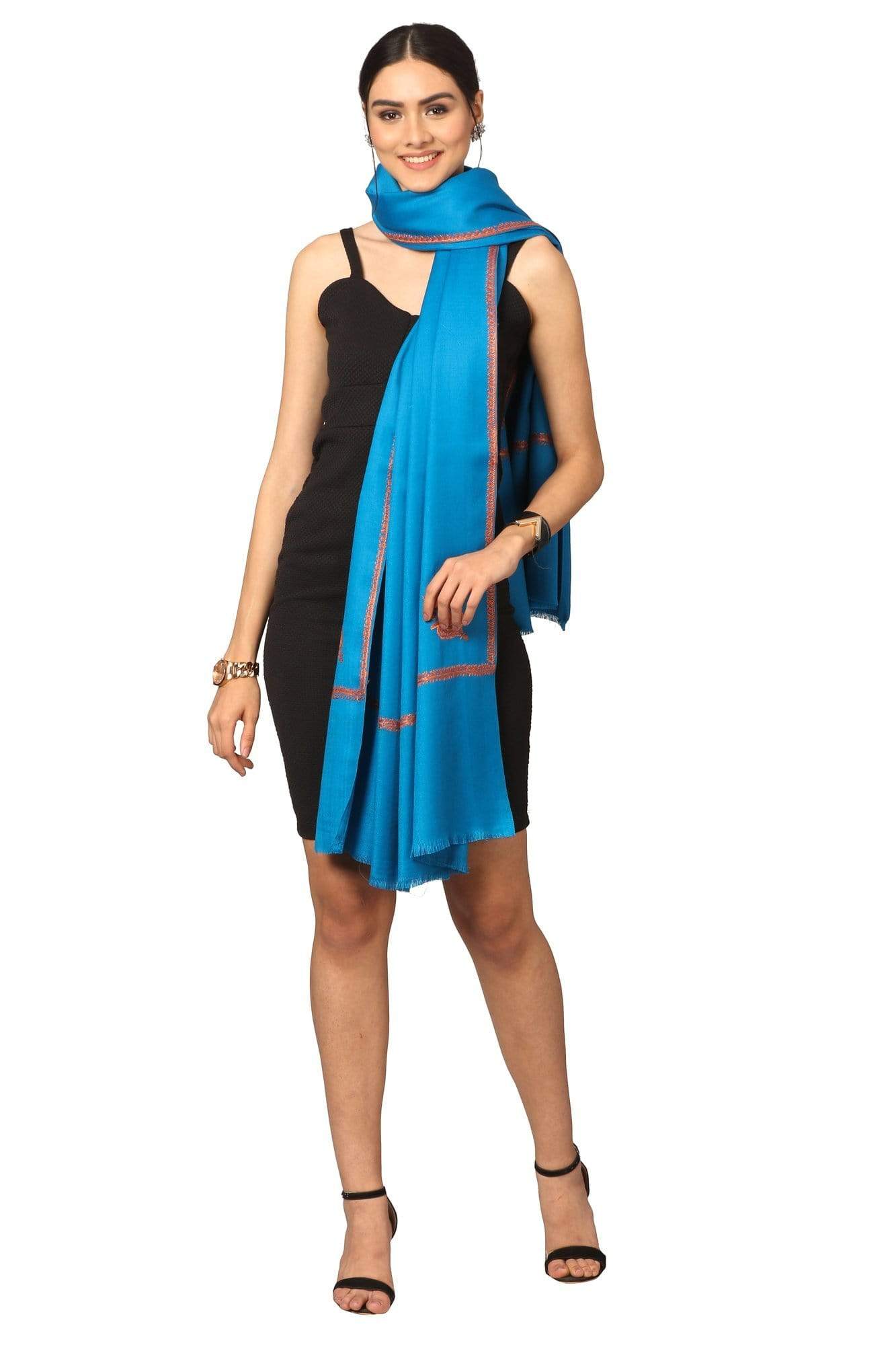 Pashtush India Shawl Pashtush Women's 100% Hand Embroidery Kashmiri Shawl, With Kingri Sozni Embroidery Borderwork - Ferozi