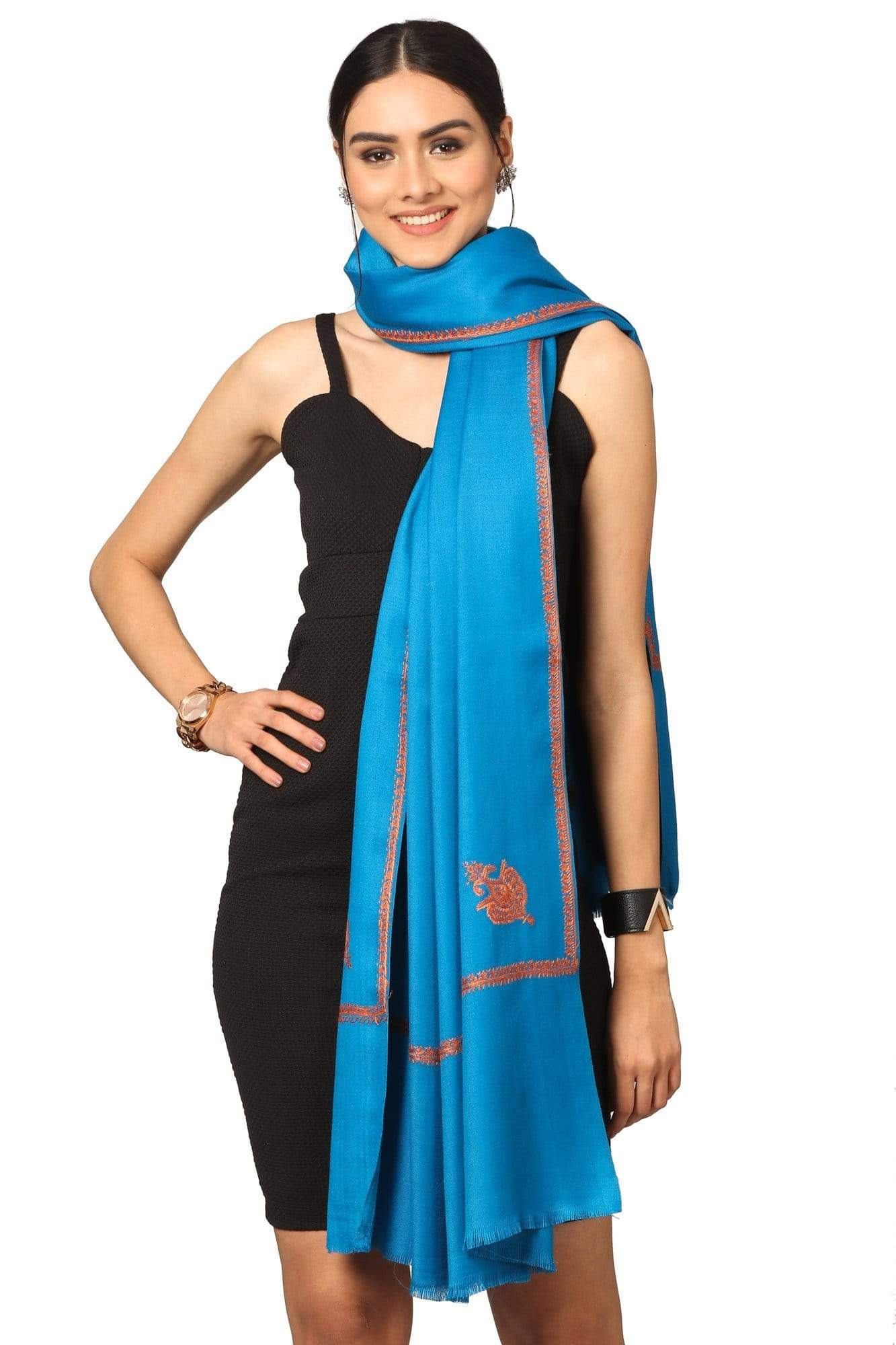 Pashtush India Shawl Pashtush Women's 100% Hand Embroidery Kashmiri Shawl, With Kingri Sozni Embroidery Borderwork - Ferozi