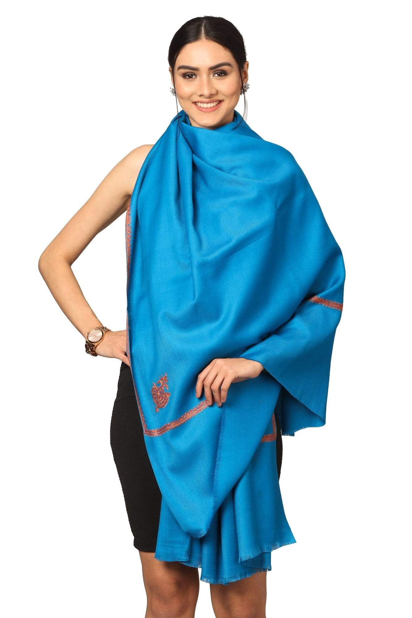 Pashtush India Shawl Pashtush Women's 100% Hand Embroidery Kashmiri Shawl, With Kingri Sozni Embroidery Borderwork - Ferozi