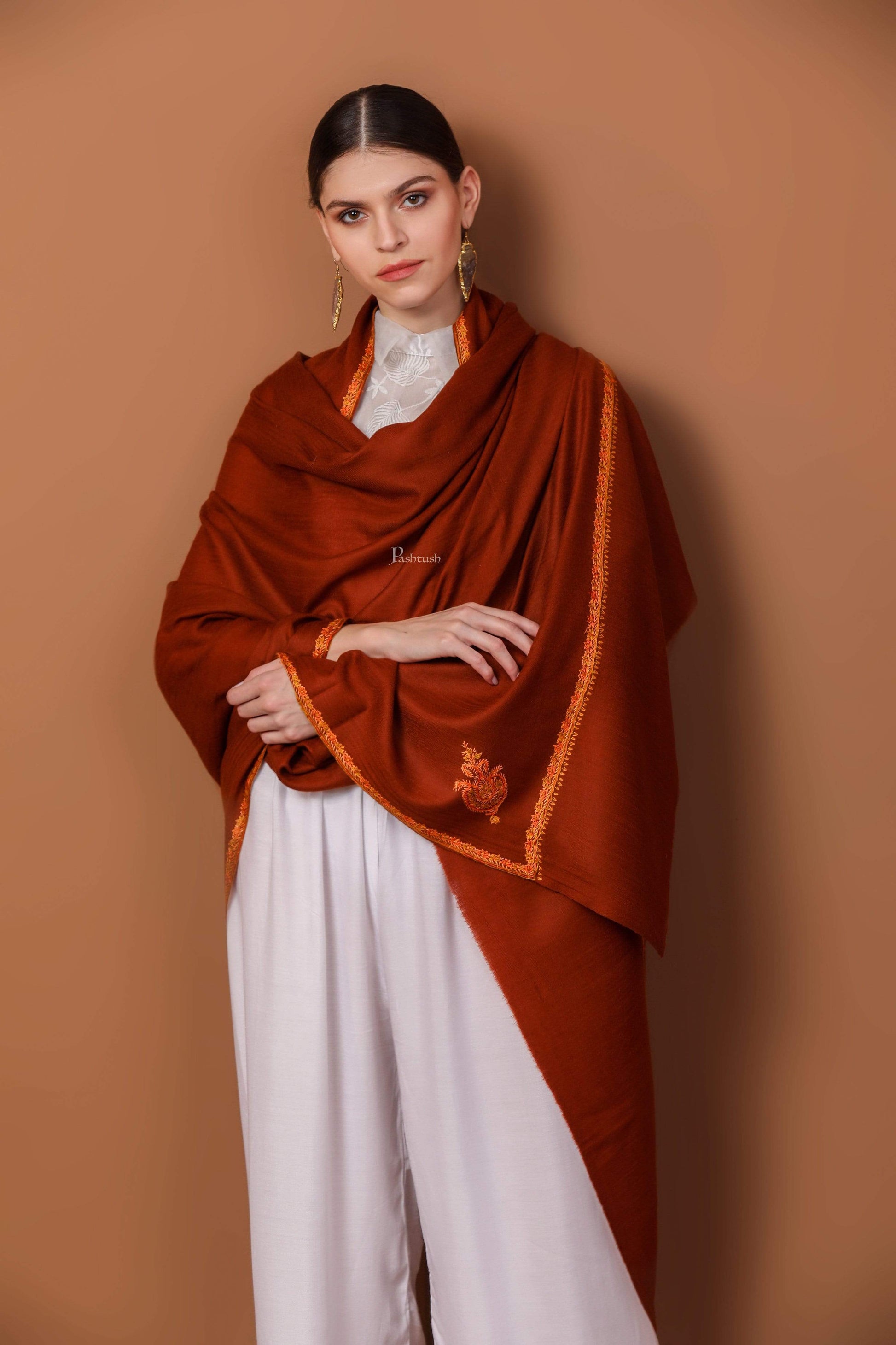 Pashtush India 100x200 Pashtush Women's 100% Hand Embroidery Shawl, With Kingri FineEmbroidery Borderwork - Coffee