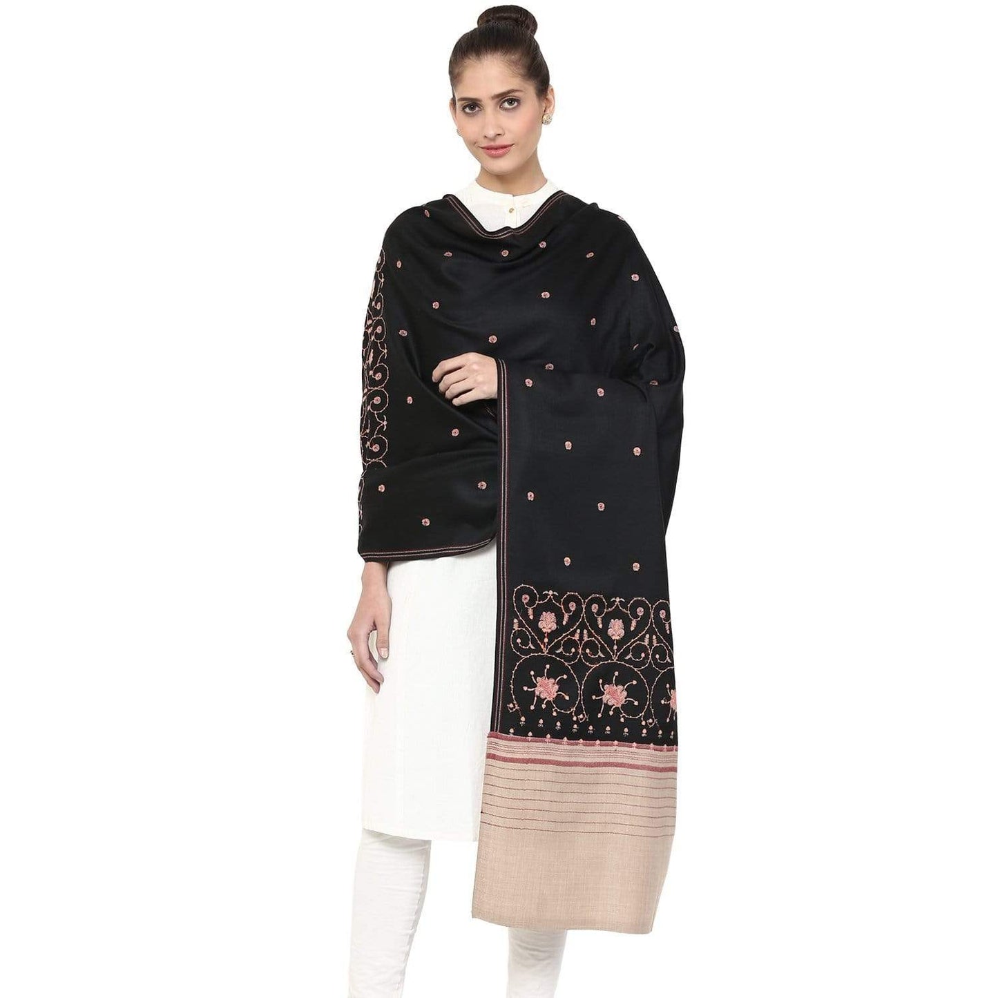 Pashtush Store Shawl Pashtush Women's Embroidered Motif Wool Shawl with palla Black