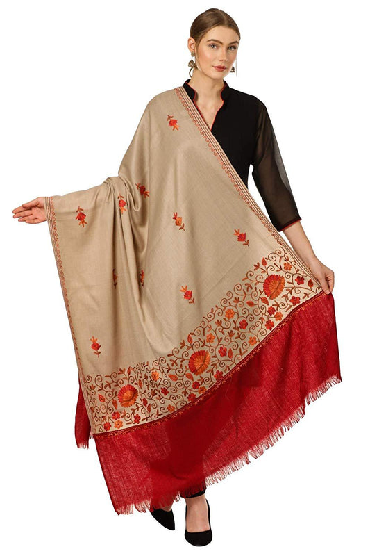 Pashtush Shawl Store Shawl Pashtush Women's Embroidered Wool Beige Shawl with Stitched Maroon Palla