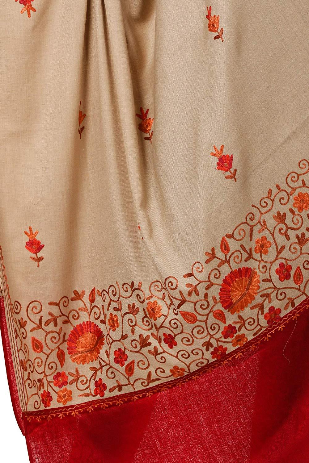 Pashtush Shawl Store Shawl Pashtush Women's Embroidered Wool Beige Shawl with Stitched Maroon Palla