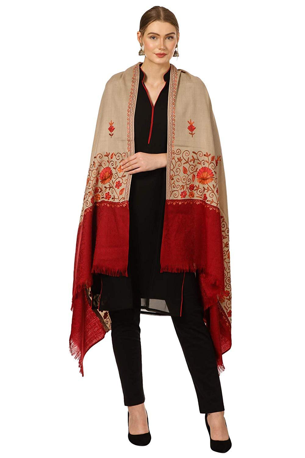 Pashtush Shawl Store Shawl Pashtush Women's Embroidered Wool Beige Shawl with Stitched Maroon Palla