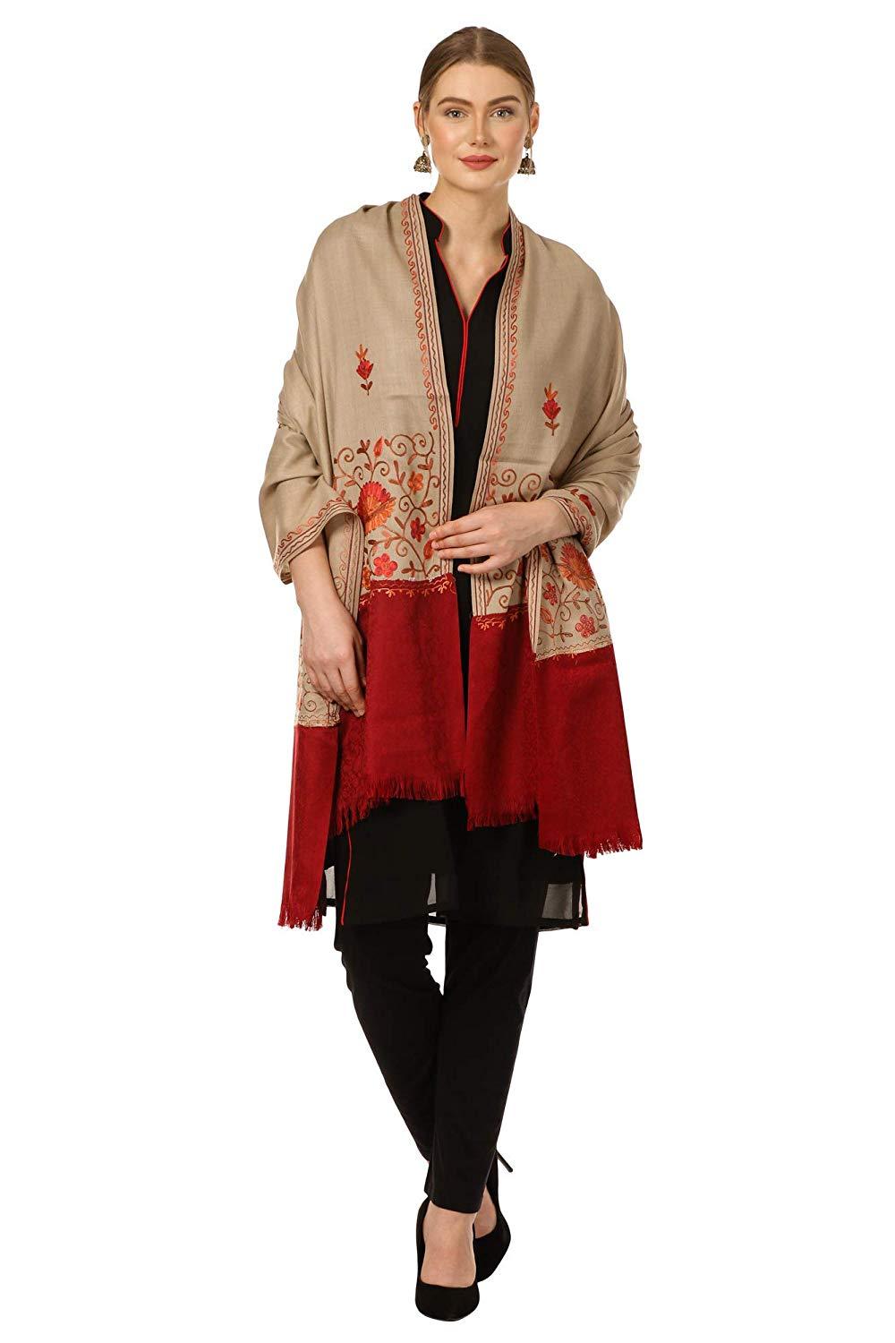 Pashtush Shawl Store Shawl Pashtush Women's Embroidered Wool Beige Shawl with Stitched Maroon Palla