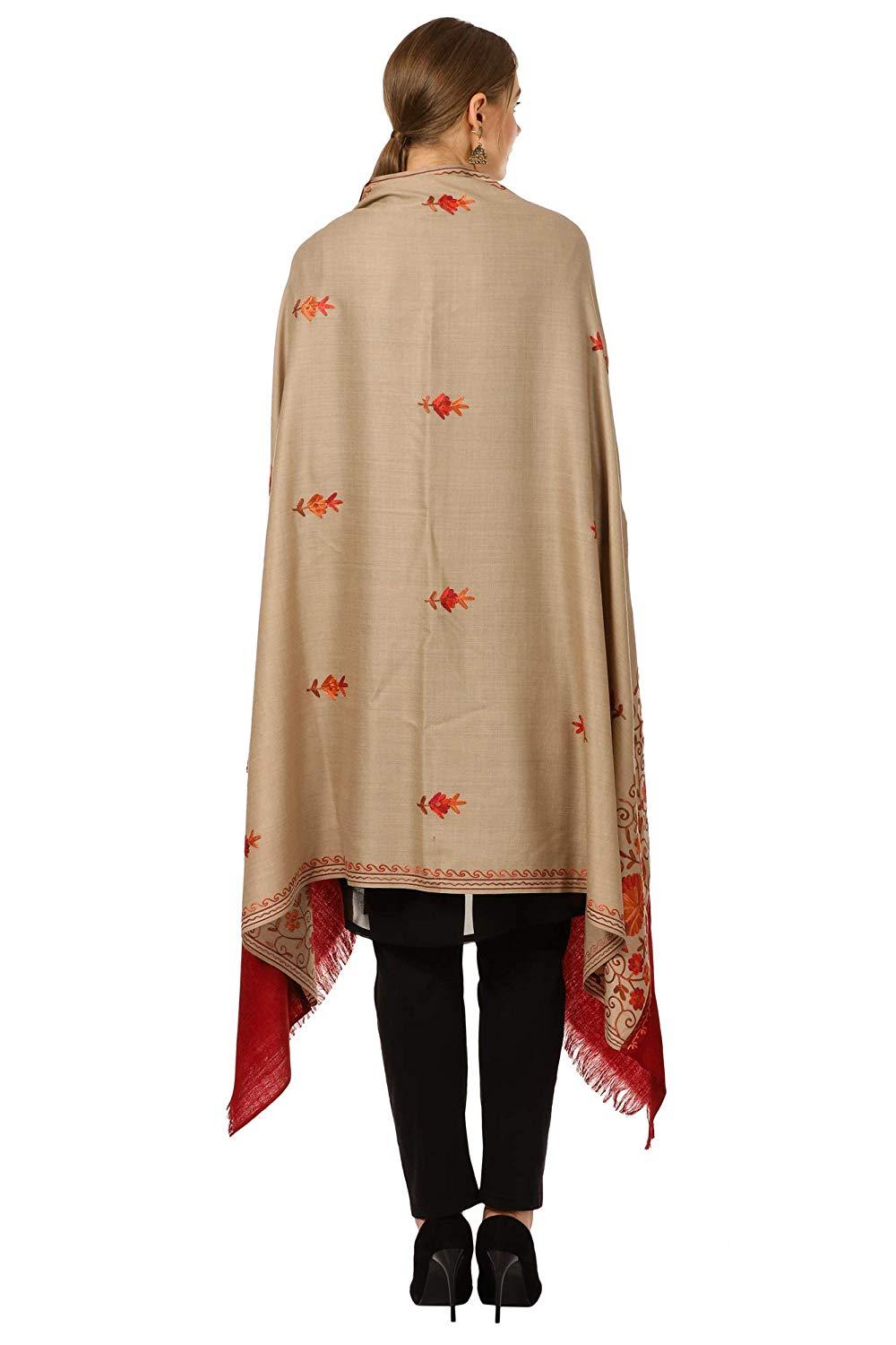 Pashtush Shawl Store Shawl Pashtush Women's Embroidered Wool Beige Shawl with Stitched Maroon Palla