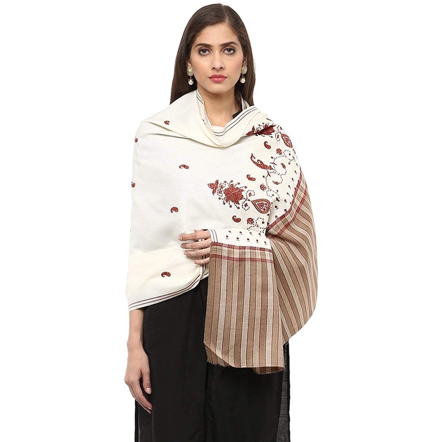 Pashtush India 100x200 Pashtush Women's Embroidered Wool Shawl white with Stripe palla