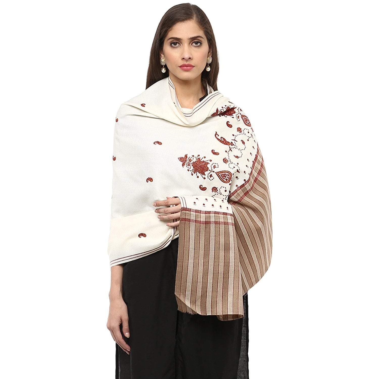 Pashtush India 100x200 Pashtush Women's Embroidered Wool Shawl white with Stripe palla