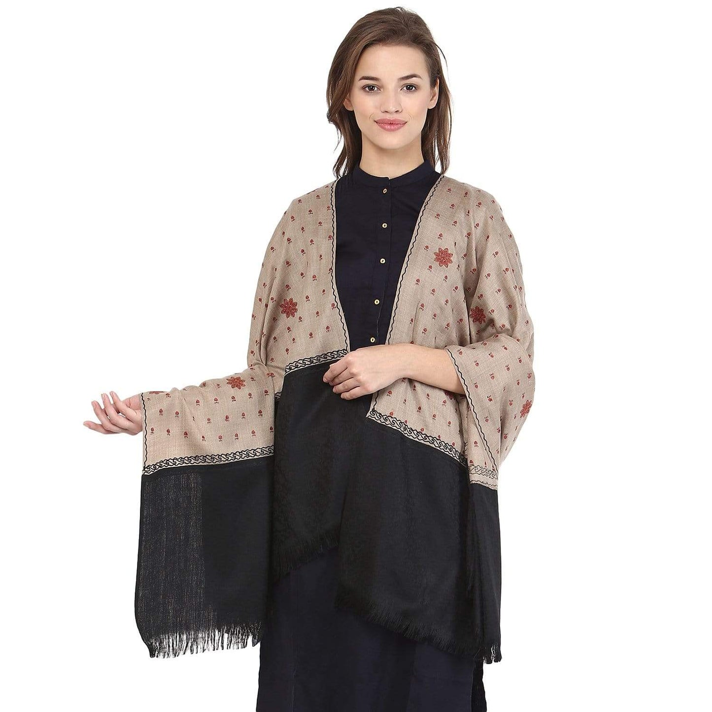 Pashtush Store Shawl Pashtush Women's Embroidery Wool Shawl, Beige and Black, Kashmiri Design Shawl