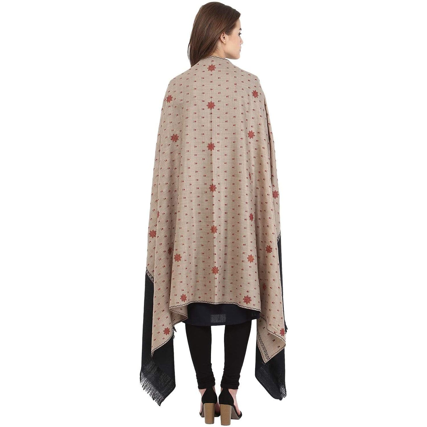 Pashtush Store Shawl Pashtush Women's Embroidery Wool Shawl, Beige and Black, Kashmiri Design Shawl