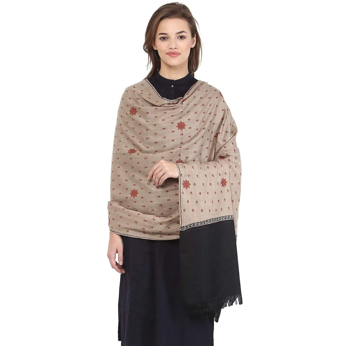 Pashtush Store Shawl Pashtush Women's Embroidery Wool Shawl, Beige and Black, Kashmiri Design Shawl