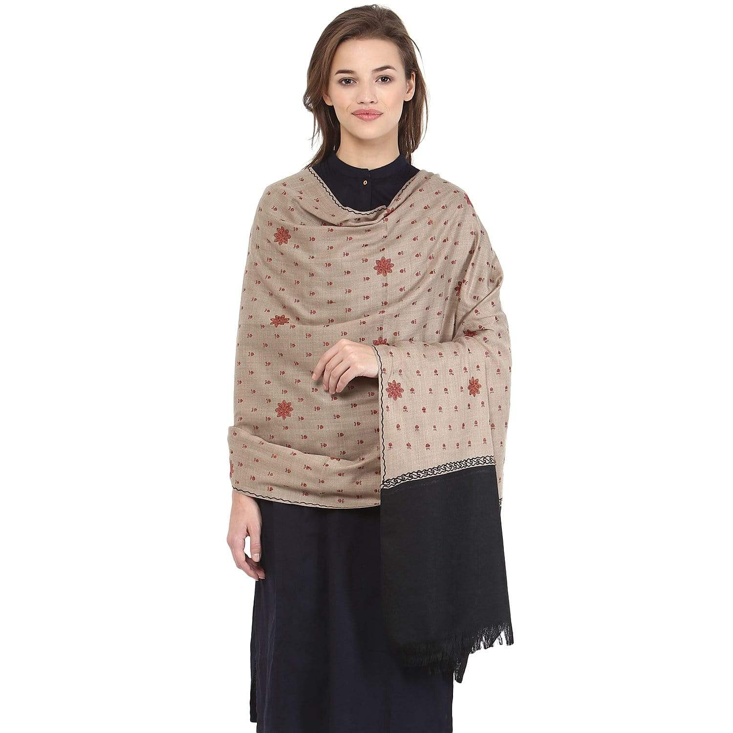 Pashtush Store Shawl Pashtush Women's Embroidery Wool Shawl, Beige and Black, Kashmiri Design Shawl