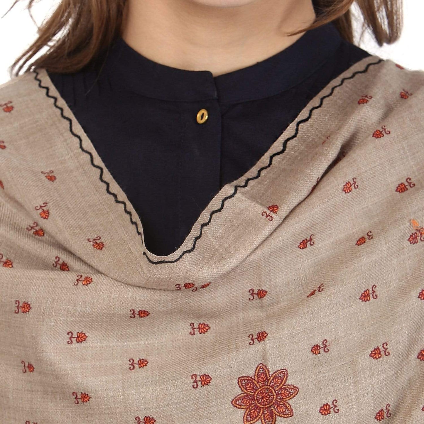 Pashtush Store Shawl Pashtush Women's Embroidery Wool Shawl, Beige and Black, Kashmiri Design Shawl