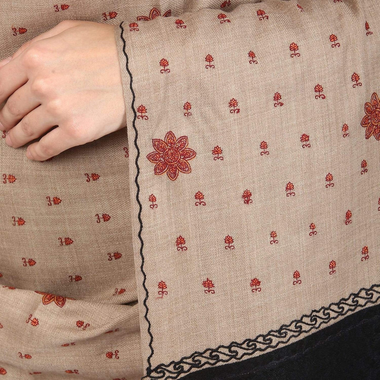 Pashtush Store Shawl Pashtush Women's Embroidery Wool Shawl, Beige and Black, Kashmiri Design Shawl
