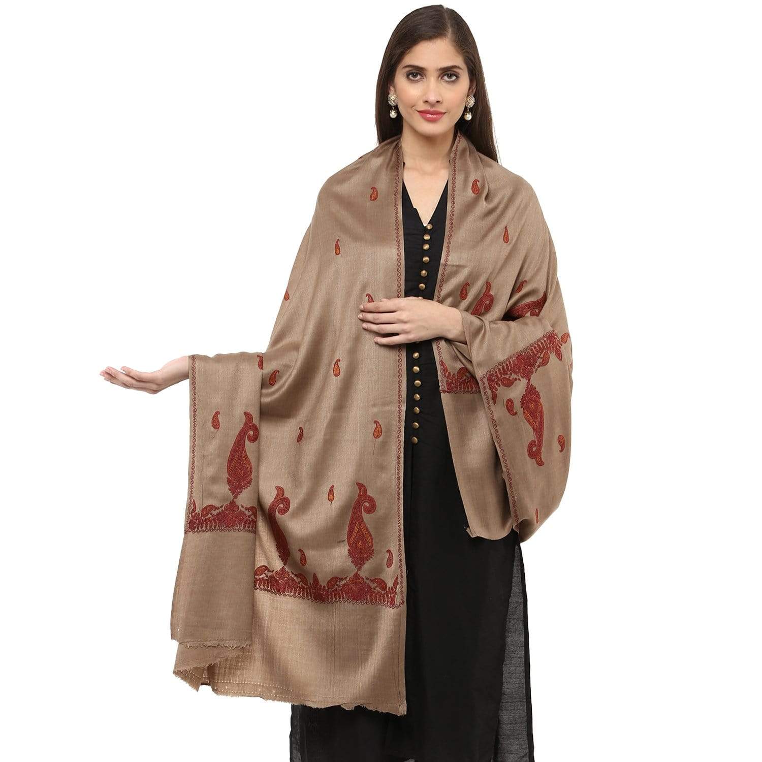 Pashtush Store Shawl Pashtush Women's Embroidery Wool Shawl, beige with Palla Embroidery Paisley Design