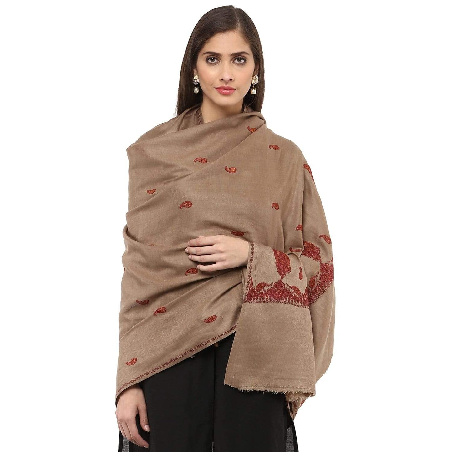 Pashtush Store Shawl Pashtush Women's Embroidery Wool Shawl, beige with Palla Embroidery Paisley Design