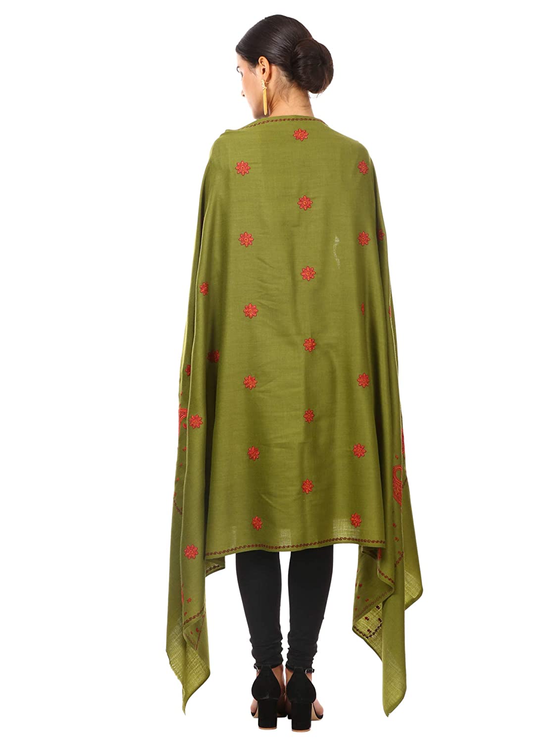 Pashtush Store Shawl Pashtush Women's Embroidery Wool with Palla Embroidery Paisley Design Olive Green