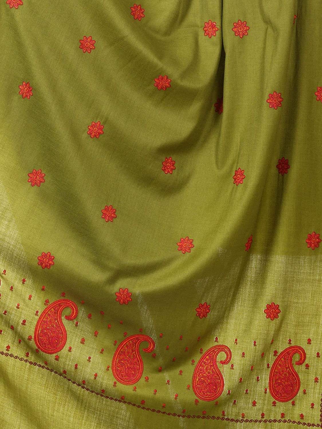 Pashtush Store Shawl Pashtush Women's Embroidery Wool with Palla Embroidery Paisley Design Olive Green