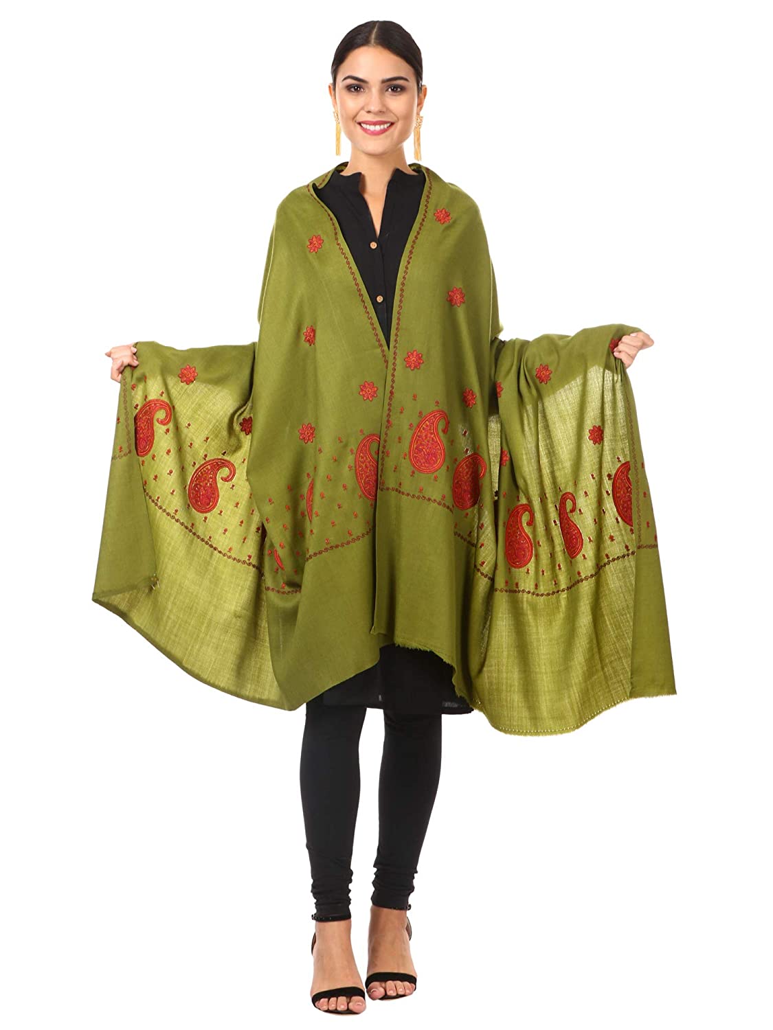 Pashtush Store Shawl Pashtush Women's Embroidery Wool with Palla Embroidery Paisley Design Olive Green