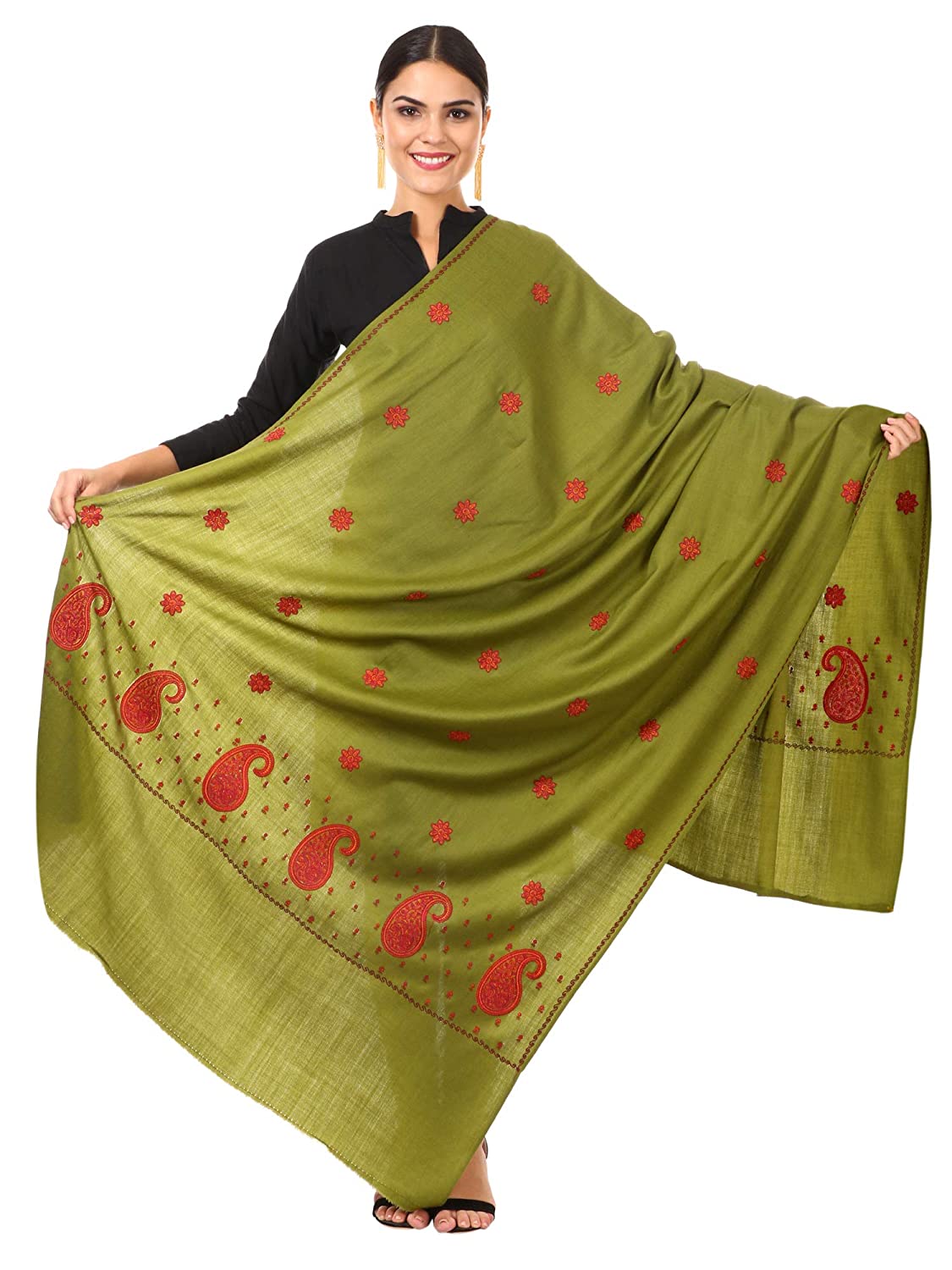 Pashtush Store Shawl Pashtush Women's Embroidery Wool with Palla Embroidery Paisley Design Olive Green