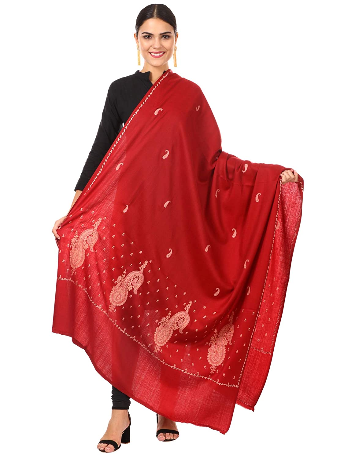 Pashtush Store Shawl Pashtush Women's Embroidery Wool with Palla Embroidery Paisley Design Red